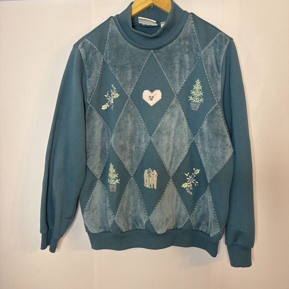 Vintage Alfred Dunner Blue‎ Velvet Top Sweatshirt Med Cat Grandmacore Argyle - Picture 2 of 10